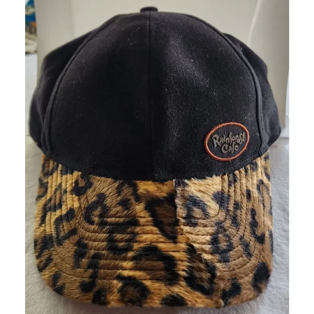 Vintage Rainforest Cafe Orlando Leopard Print Brim Black Baseball Cap Hat
